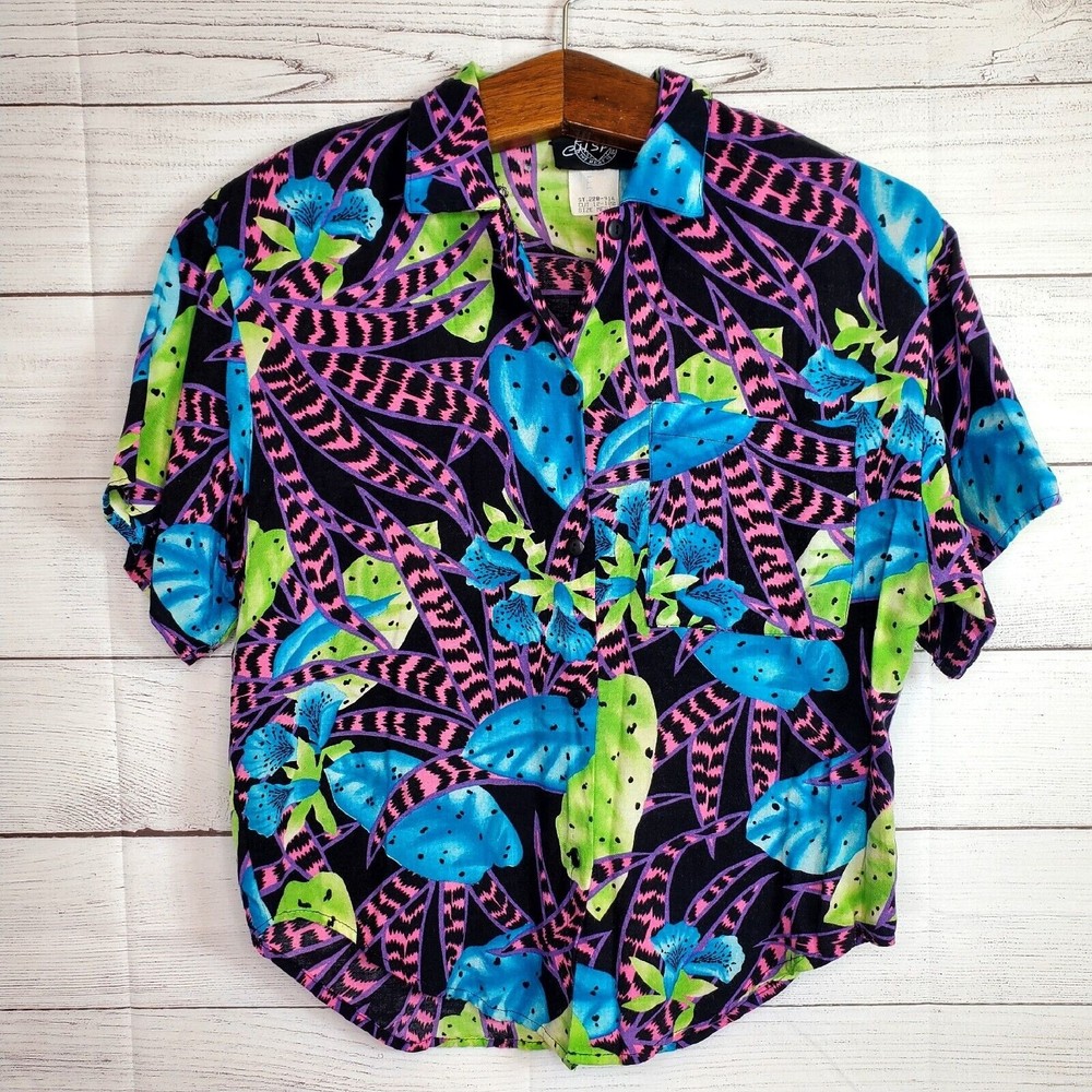 Vintage C.H. Sports 90's Hawaiian Top Tropical Floral Shirt Medium Made In USA - Picture 1 of 8